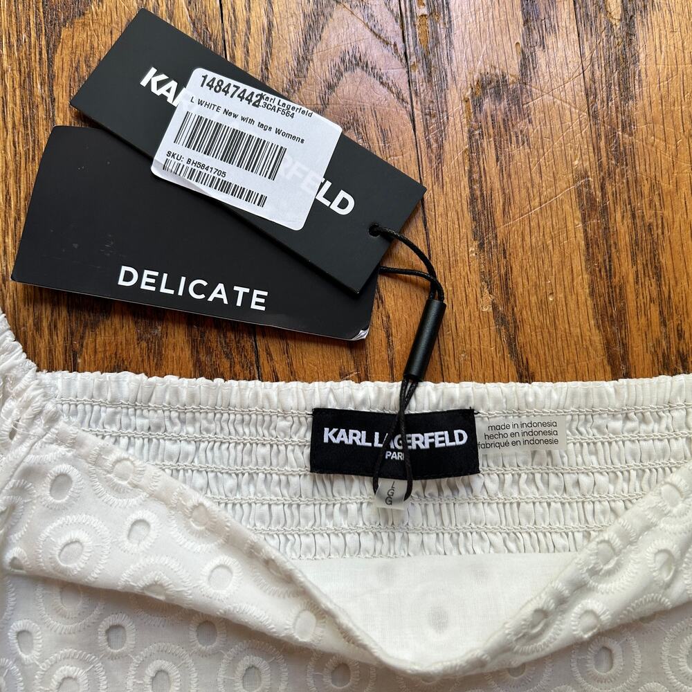 Karl Lagerfeld Paris Blouse Long sleeve Eyelet Smocked White Large - Picture 5 of 9